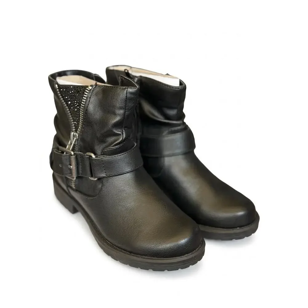 NEW! Pop Girls Tali Girls Biker Ankle Boots Black Size 1M Motorcycle Bootie